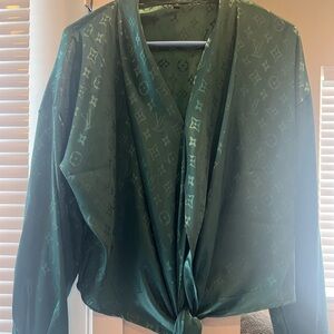 Louis Vuitton Emerald Green Monogram Satin Tie-Front Top